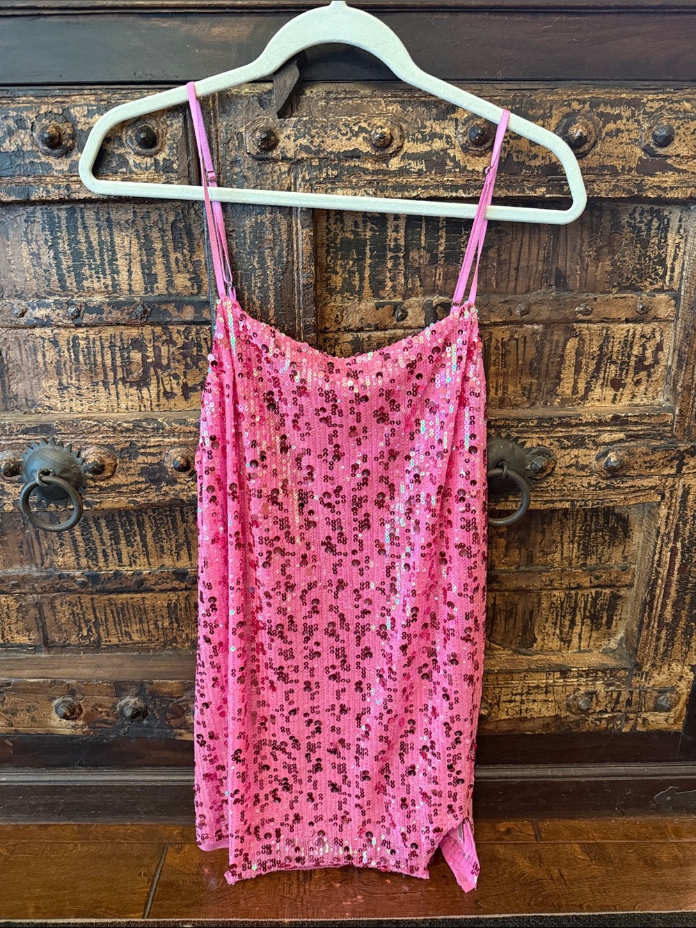 Free People-Pink Sequin Spaghetti Strap Slip Dress